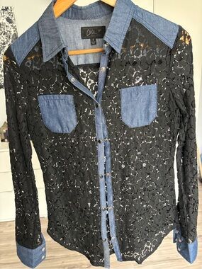Vintage Lace & Chambray Button-Up Top